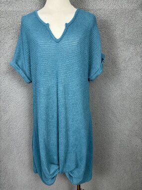 Cupshe Blue Waffle Knit Tunic Dress Cover-Up Rolled Sleeves & Front Knot XL NWTs